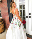 Elegant Ivory V Neck Lace Prom Dresses Backless Pockets Wedding Dresses with Flowers