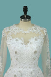 A Line Scoop Wedding Dresses Long Sleeves Tulle With Applique & Beading Detachable Skirt Chapel