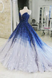 Ombre Ball Gown Royal Blue Prom Dresses With Appliques, Long V Neck Quinceanera Dresses STB15275