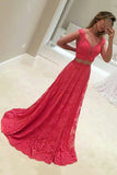 Lace Two-Piece A Line V Neck Prom Dresses Sweep