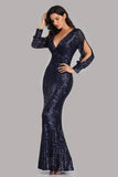 Long Split Sleeve Mermaid V Neck Dark Navy Blue Sequins Prom Dresses, Formal Dress STB15256