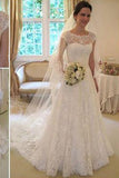 Long A-Line Round Neck Illusion White Lace Wedding Party Dresses