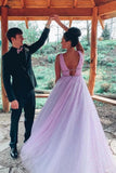 V-Neck A-Line Tulle Long Prom Dresses, Sexy Tulle Long Formal