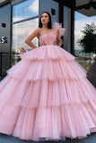 Charming Ball Gown Tulle Pink One Shoulder Long Prom Dresses, Quinceanera Dresses STB15096