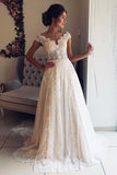 A Line Cap Sleeve Lace V Neck Chiffon Ivory Beads Wedding Dresses, Wedding Gowns STB14996