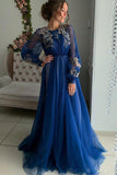 Charming A Line Long Sleeve Tulle Appliques Prom Dresses, Long Evening STB20456