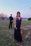 Navy Blue A-Line V-Neck Sequins Evening Party Dresses Long Prom Dresses