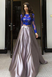 Elegant Blue Two Piece A-line Scoop Long Sleeve Elastic Satin Floor-Length Prom Dresses