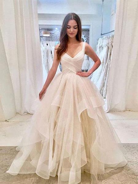 Elegant A Line V Neck Spaghetti Straps Ball Gown Multi LayerTulle Prom Dresses