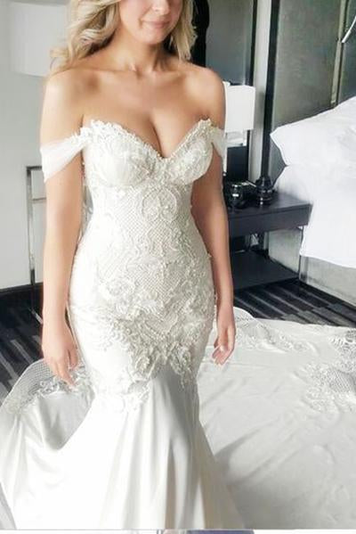 Mermaid Off-the-Shoulder Ivory Lace Long Cheap Sweetheart Backless Plus Size Wedding Dress