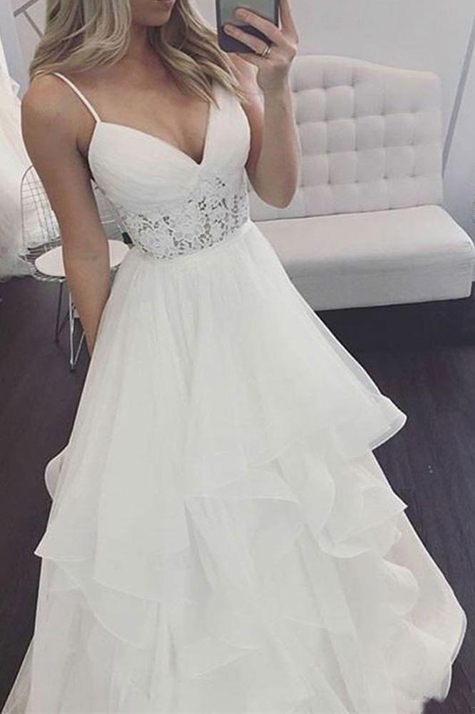 Elegant A Line V Neck Spaghetti Straps Ivory Organza Long Wedding Dresses with Lace