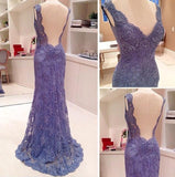 2024 New Style Custom Mermaid V-Neck Sleeveless Open Back Blue Lace Evening Dresses
