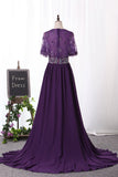 V Neck Prom Dresses A Line Chiffon & Lace With Beads And