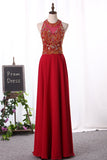 A Line Scoop Prom Dresses Chiffon With Beaded Bodice Floor