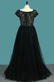 V Neck Short Sleeves A Line Evening Dresses Tulle & Lace Sweep