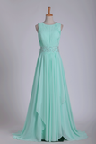 Mint Prom Dresses A-Line Bateau Chiffon With Beads And Ruffles Floor-Length