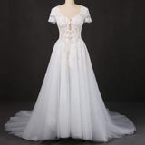 A-line Short Sleeves Beads V Neck Lace Applique Wedding Dresses, Bridal Dress STB15051