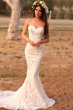 Charming Mermaid Lace Applique Sweetheart Sleeveless Wedding Dresses, Country Bridal Dresses STB15107
