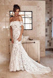 Elegant Off the Shoulder Ivory Lace Mermaid Beach Wedding Dress, Cheap Bridal Dress STB15188