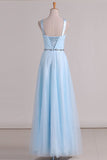 Tulle Straps Bridesmaid Dresses A Line With Ruffles And Beads Floor