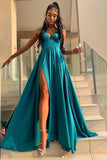Elegant Green A Line V Neck Prom Dresses with Split, Long Bridesmaid Dresses STB15166