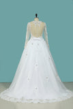 A Line Scoop Wedding Dresses Long Sleeves Tulle With Applique & Beading Detachable Skirt Chapel