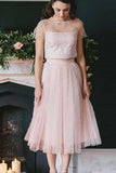 Blush Pink Two Piece Bridesmaid Dresses Beaded Formal Gowns Evening