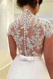 2024 A Line V Neck Wedding Dresses Tulle With Applique And Sash Sweep Train