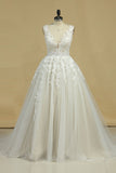 A Line Straps Prom Dress Tulle With Beads And Applique Floor