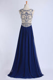 Hot Selling Scoop A Line Full Length Prom Dress Beaded Tulle Bodice With Chiffon Skirt Ready To Ship