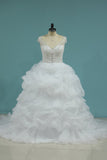 A Line V Neck Wedding Dresses Organza With Beading Chapel