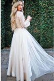 Princess Long Sleeve Lace Top Beach Wedding Dresses With Slit Tulle Ivory Wedding Gowns STB15299