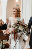 Simple Long Sleeve V Neck Chiffon Wedding Dresses, Lace V Back Beach Bridal Dresses STB15393