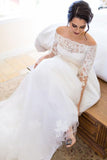 Long Sleeve Off the Shoulder Tulle Wedding Dresses, A line Lace Elegant Wedding Gowns STB15244