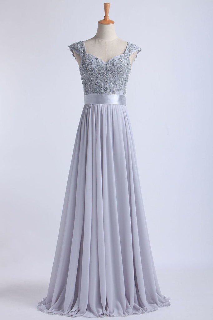 Off The Shoulder A-Line Floor-Length Prom Dresses Beaded Bodice Tulle And Chiffon