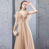 A Line V Neck Tulle Long Prom Dresses, Cheap Evening Dress with STB20488