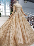 Long Sleeve Ball Gown Beads Lace Appliques Prom Dresses Sequins Quinceanera Dresses STB15241