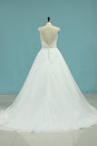 A Line Open Back V Neck Wedding Dresses Tulle With Applique And Beading Chapel
