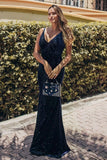 V-Neck Spaghetti Straps Velvet Dark Navy Blue Mermaid Evening Dress, Prom Dresses STB15480
