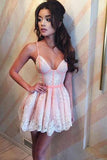 Cute Spaghetti Straps V Neck Pink Satin Homecoming Dresses with Lace Short Prom Dress STB14973