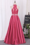 New Prom Dresses A-Line Scoop Floor-Length Lace And Satin With