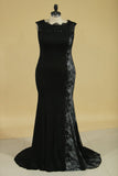 Mermaid Evening Dresses Scoop With Applique Spandex & Lace Sweep Train