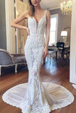 Luxurious Mermaid Lace Ivory V Neck Wedding Dresses, Backless Straps Wedding Dresses STB15522