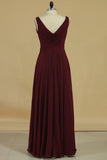 V Neck Bridesmaid Dresses A Line With Beads And Ruffles Floor Length