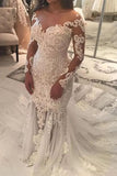 Long Sleeve Sparkly Mermaid V Neck Beads Wedding Dresses With Applique STB15249