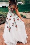 Lace Prom Dresses With Floral Embroidery A Line V Neck Evening