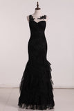 Open Back Bateau Dark Navy Evening Dresses Mermaid Tulle With