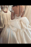 Bow Knot Wedding Dresses V Neck Short Sleeve A Line Satin With Applique Court