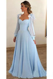 Sky Blue Long Chiffon Prom Dresses With Sleeves Modest