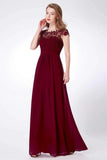 Elegant A Line Cap Sleeve Burgundy Lace Prom Dresses with Chiffon, Bridesmaid Dresses STB15145
